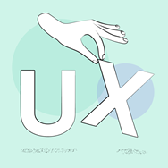Illustration of the letters 'U' and 'X' with a hand holding up one corner of the 'X', against a light blue background
