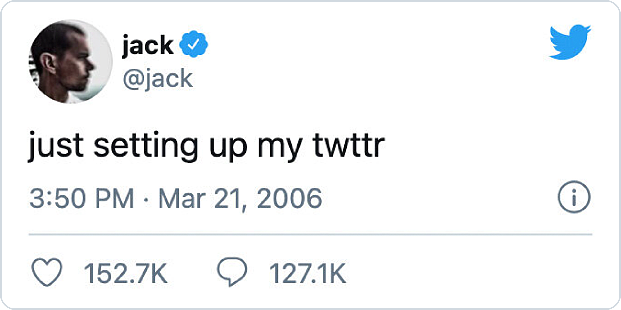Image of Jack Dorsey's first tweet reading 'Just setting up my twtr'