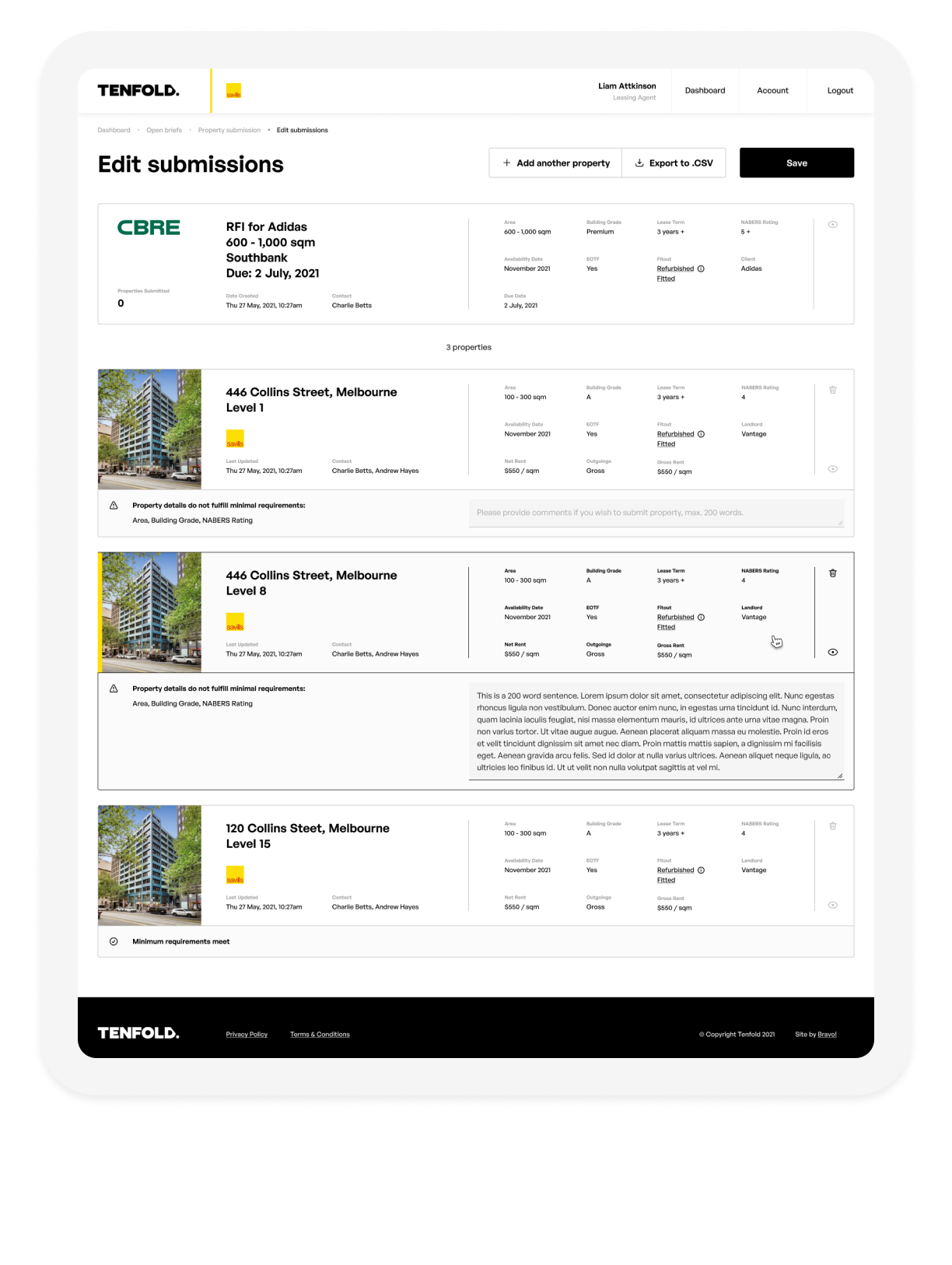 Edit Submissions screen from the Tenfold website on a tablet