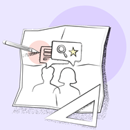 Illustration of a white piece of paper with the outline of two people, against a light purple background