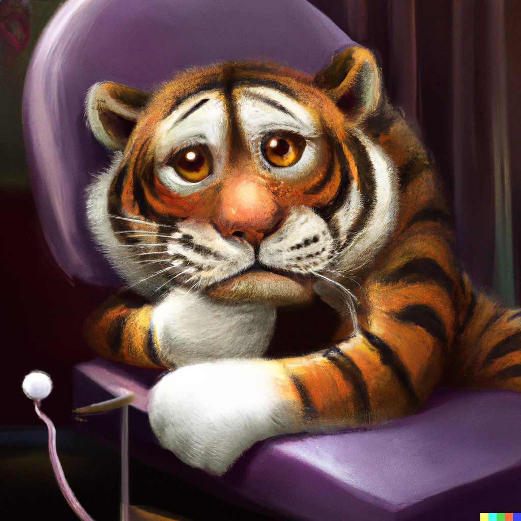 Image created by DALL-E 2 of an anxious tiger at the dentist