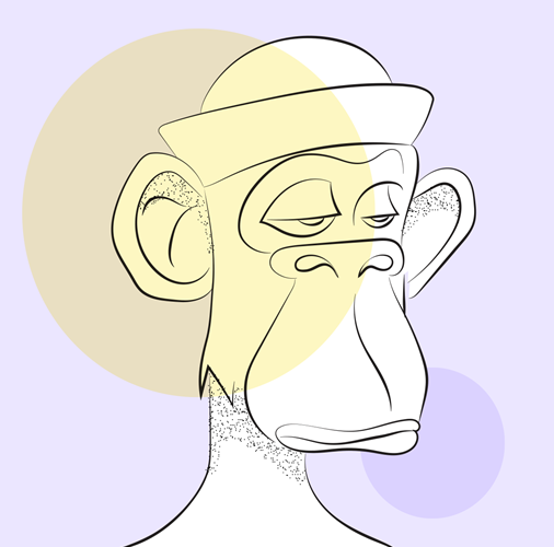 Illustration in the style of a 'Bored Ape' NFT against a yellow and light purple background 