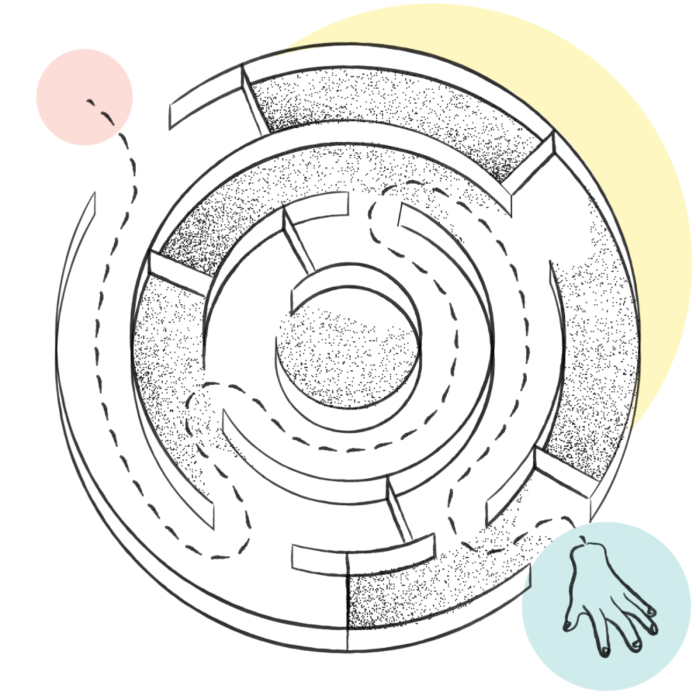 Illustration of the top of a circular maze, with a hand at the end 