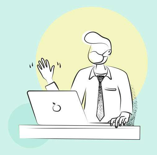 Illustration of a man sitting at his desk, waving at his computer and wearing a face mask