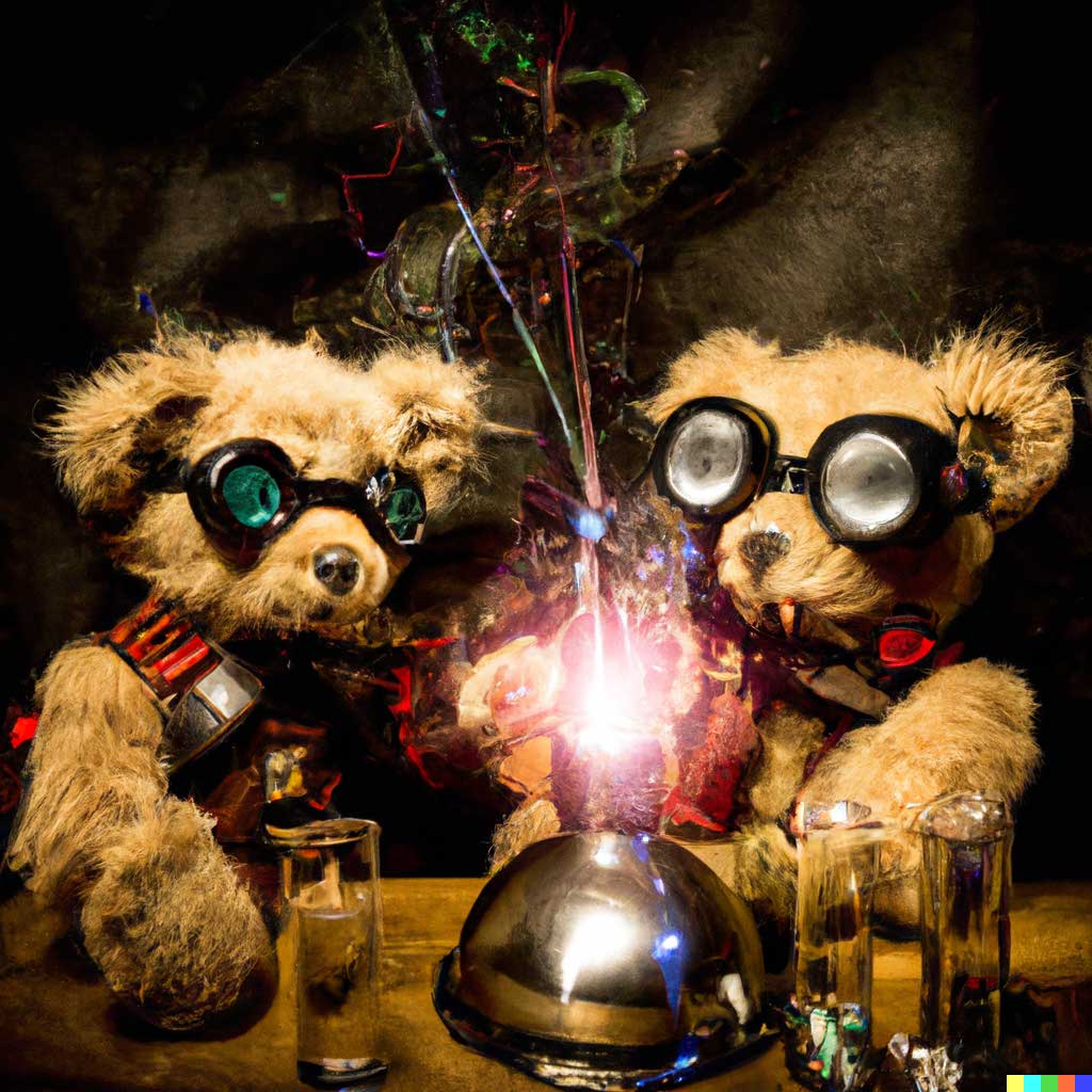 Image created by DALL-E 2 of mad teddy bear scientists doing chemistry