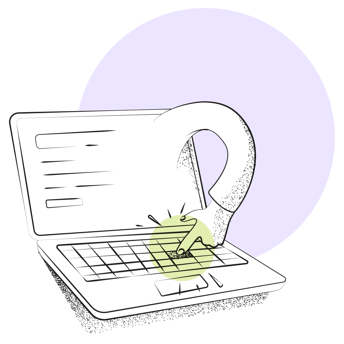 Illustration of a laptop with an arm coming out of it and pressing a key