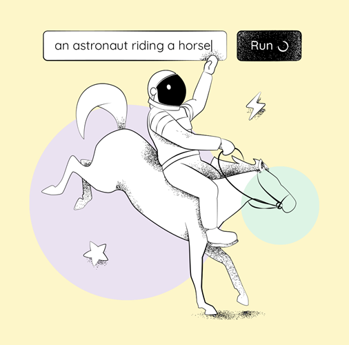 Illustration of an astronaut on a horse against a yellow, light purple and white background