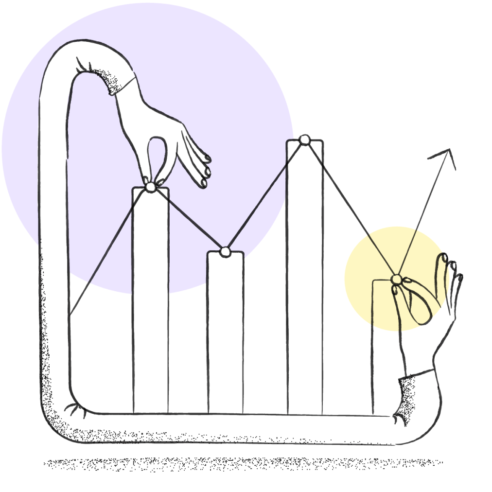 Illustration of a bar chart, with hands coming out of each end of the two axis, refining the chart