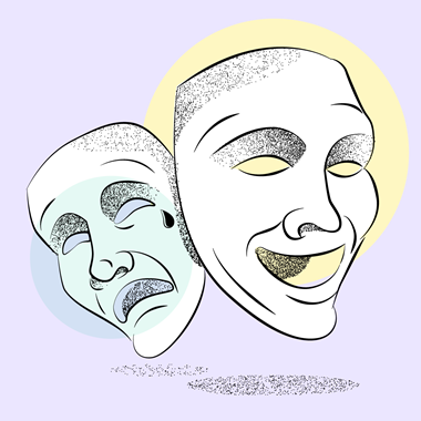 Comedy and tragedy theatre masks against a light purple background 