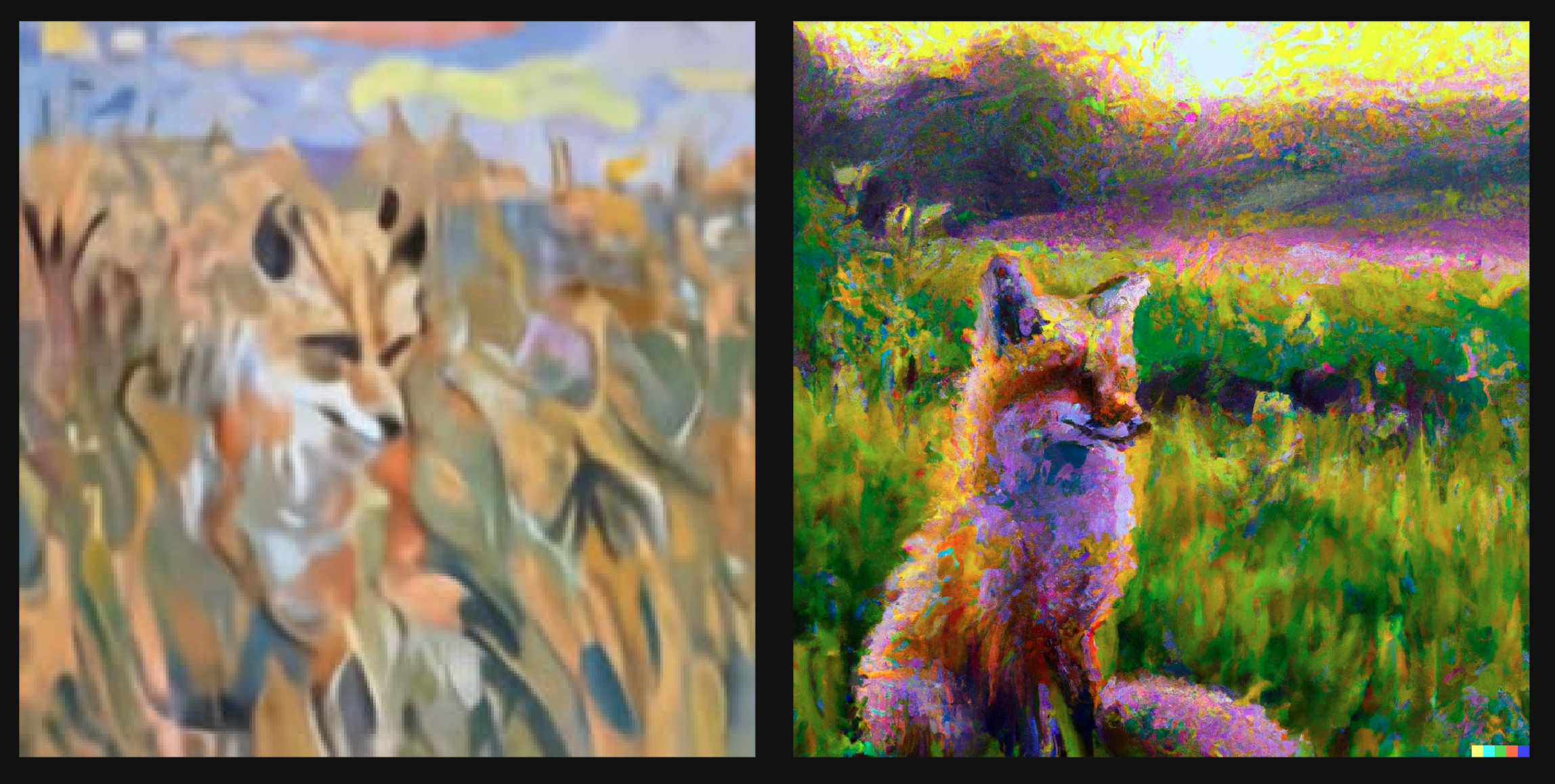 Image of a fox created by DALL-E1 compared to an image of a fox created by DALL-E2