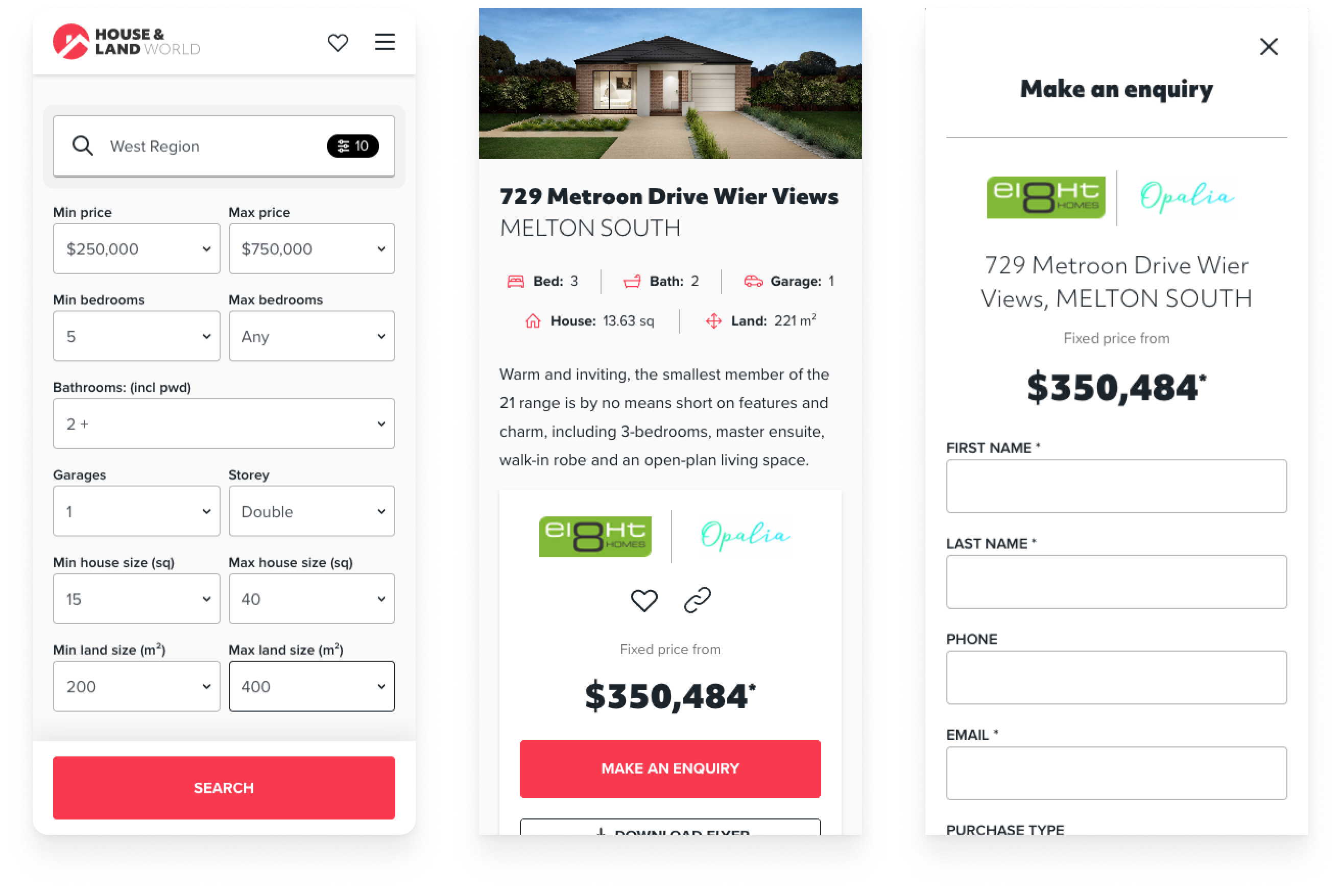 3 mobile screens of the House and Land World website