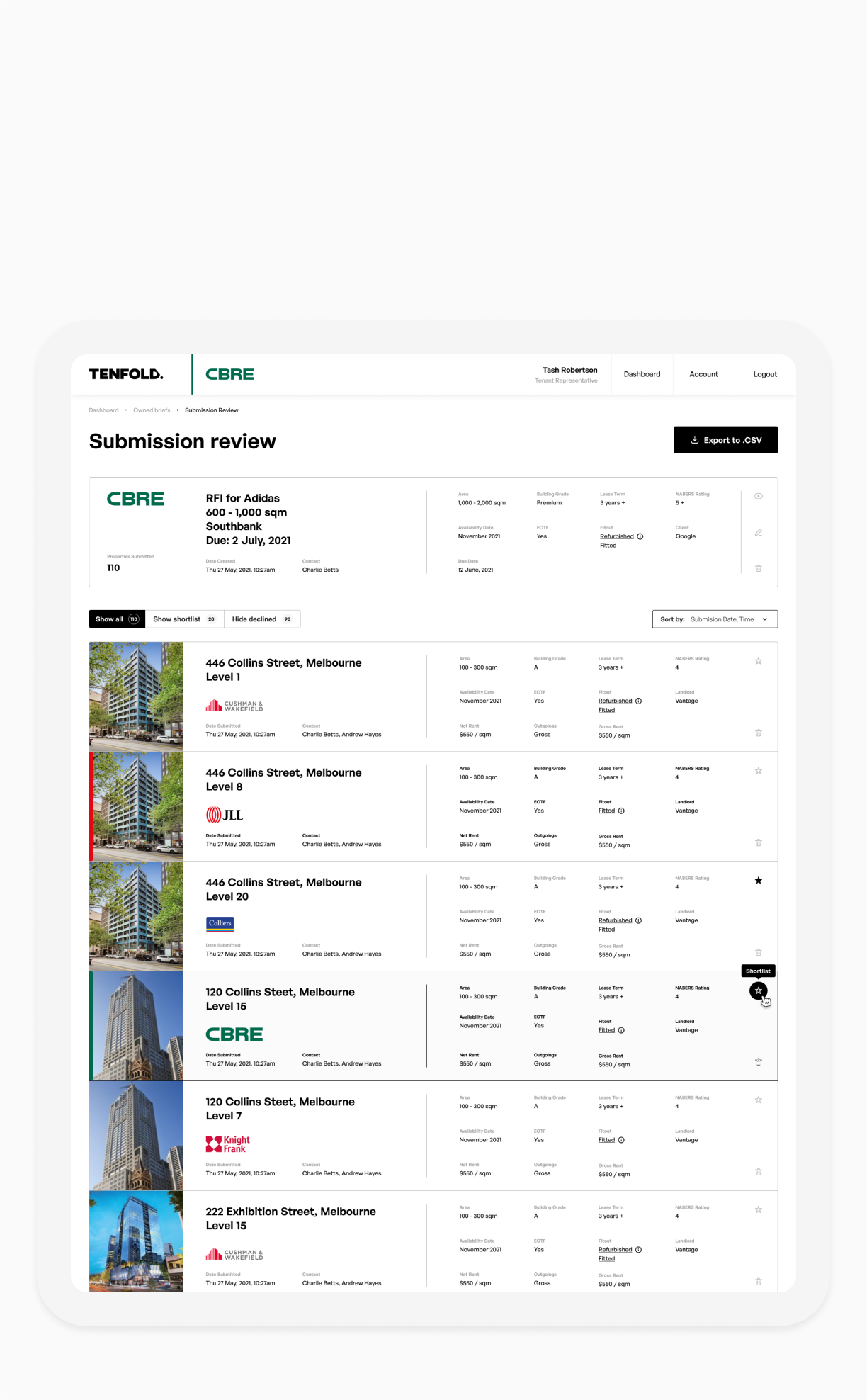Submission Review screen from the Tenfold website on a tablet